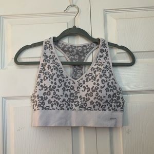 White leopard print sports bra